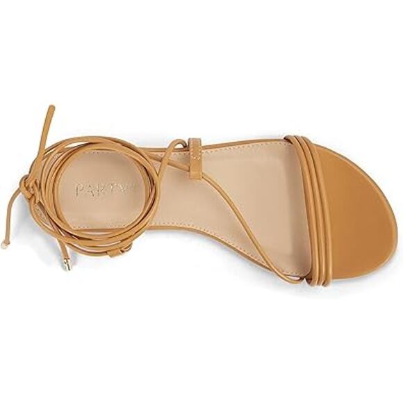 Party Womens Size 6 Tan Strappy Ankle Wrap Lace Up Open Toe Flat Sandal Shoes - Picture 2 of 7